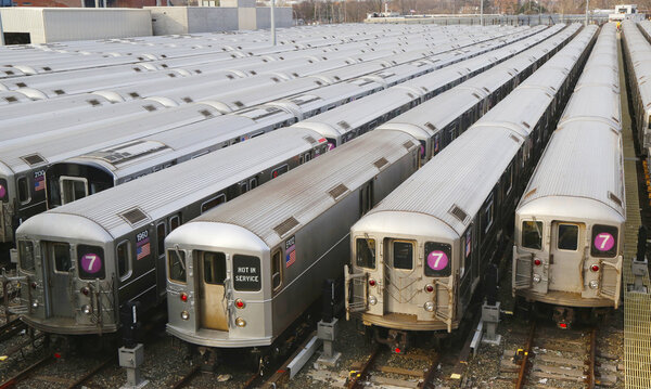 NYC subway cars in a depot