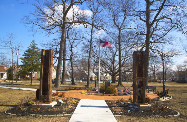 September 11 memorial with columns from  World Trade Center site in East Rockway