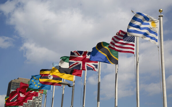 International Flags in the front of United Nations Headquarter in New York