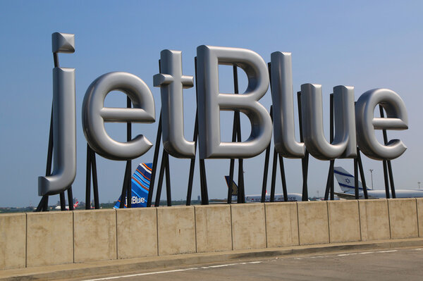 JetBlue sign at the Terminal 5 at John F Kennedy International Airport in New York