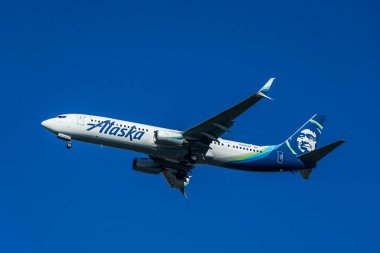NEW YORK - 21 Ekim 2021: Alaska Airlines Boeing 737, New York 'taki JFK Uluslararası Havaalanı' na inmek için inmiştir. ABD 'nin en büyük beşinci havayolu şirketidir. 