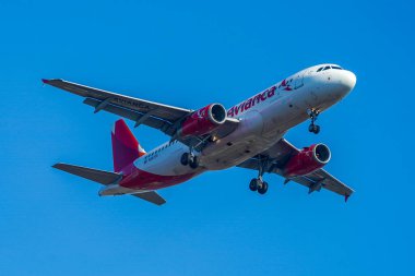 NEW YORK - NOVEMBER 18, 2021: Avianca Airline Airbus A320, New York 'taki JFK Uluslararası Havaalanı' na inmek için inmiştir. 5 Aralık 1919 'dan beri Kolombiya bayrak taşıyıcısıdır.