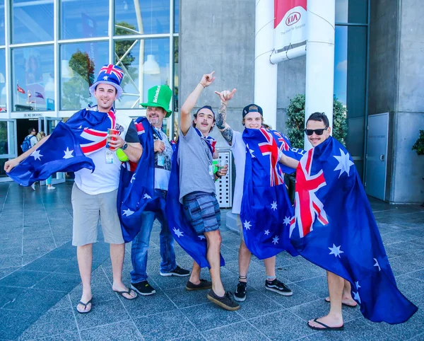 Melbourne Australia Enero 2016 Aficionados Tenis Australianos Con Banderas Abierto — Foto de Stock
