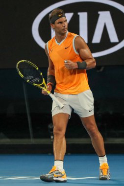 Melbourne, Avustralya - 24 Ocak 2019: 2019 Avustralya Açık Melbourne Park on yedi kez Grand Slam şampiyonu İspanya Rafael Nadal eylem sırasında onun yarı final maç