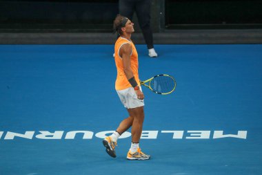 Melbourne, Avustralya - 24 Ocak 2019: 2019 Avustralya Açık Melbourne Park on yedi kez Grand Slam şampiyonu İspanya Rafael Nadal eylem sırasında onun yarı final maç