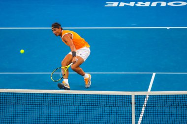 Melbourne, Avustralya - 24 Ocak 2019: 2019 Avustralya Açık Melbourne Park on yedi kez Grand Slam şampiyonu İspanya Rafael Nadal eylem sırasında onun yarı final maç