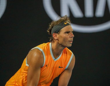 Melbourne, Avustralya - 24 Ocak 2019: 2019 Avustralya Açık Melbourne Park on yedi kez Grand Slam şampiyonu İspanya Rafael Nadal eylem sırasında onun yarı final maç