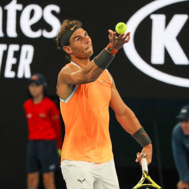 Melbourne, Avustralya - 24 Ocak 2019: 2019 Avustralya Açık Melbourne Park on yedi kez Grand Slam şampiyonu İspanya Rafael Nadal eylem sırasında onun yarı final maç