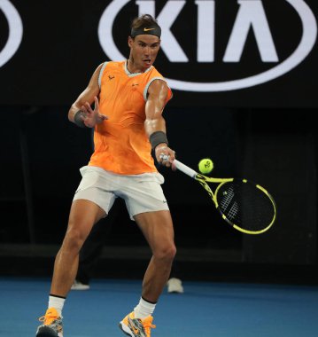 Melbourne, Avustralya - 24 Ocak 2019: 2019 Avustralya Açık Melbourne Park on yedi kez Grand Slam şampiyonu İspanya Rafael Nadal eylem sırasında onun yarı final maç