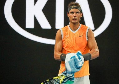 Melbourne, Avustralya - 24 Ocak 2019: 2019 Avustralya Açık Melbourne Park on yedi kez Grand Slam şampiyonu İspanya Rafael Nadal eylem sırasında onun yarı final maç