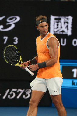 Melbourne, Avustralya - 24 Ocak 2019: 2019 Avustralya Açık Melbourne Park on yedi kez Grand Slam şampiyonu İspanya Rafael Nadal eylem sırasında onun yarı final maç