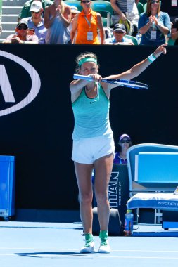 MELBOURNE, AUSTRALIA - JANUARY 25, 2016: Grand Slam Champion Victoria Azarenka of Belarus celebrates victory after round 4 match during 2016 Australian Open at Rod Laver Arena in Melbourne Park