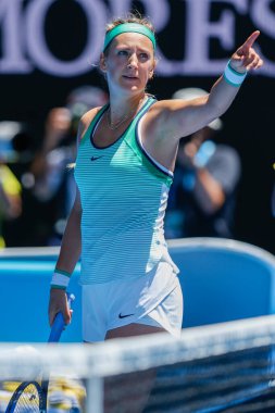 MELBOURNE, AUSTRALIA - JANUARY 25, 2016: Grand Slam Champion Victoria Azarenka of Belarus celebrates victory after round 4 match during 2016 Australian Open at Rod Laver Arena in Melbourne Park