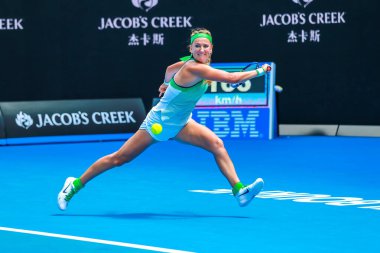 MELBOURNE, AUSTRALIA - JANUARY 25, 2016: Grand Slam Champion Victoria Azarenka of Belarus celebrates victory after round 4 match during 2016 Australian Open at Rod Laver Arena in Melbourne Park