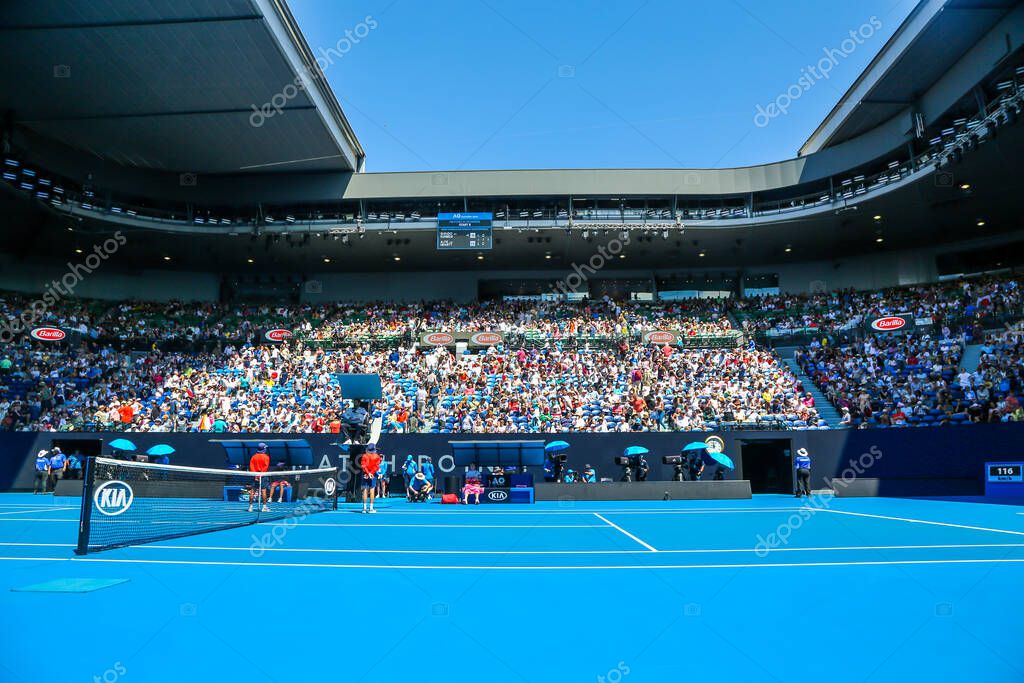 MELBOURNE, AUSTRALIA - JANUARY 22, 2019: Rod Laver arena during 2019 Australian Open match at Australian tennis center in Melbourne Park. It is the main venue for the Australian Open since 1988