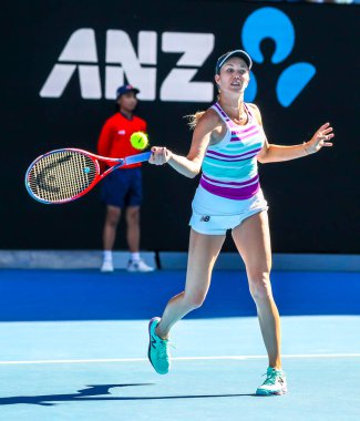 MELBOURNE, AUSTRALIA - 22 Ocak 2019: Melbourne Park 'ta oynanan 2019 Avustralya Açık' ta oynanan çeyrek final karşılaşmasında ABD 'li profesyonel tenisçi Danielle Collins