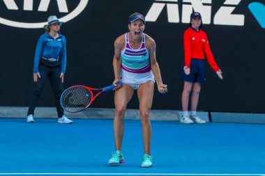 MELBOURNE, AUSTRALIA - 22 Ocak 2019: Melbourne Park 'ta oynanan 2019 Avustralya Açık' ta oynanan çeyrek final karşılaşmasında ABD 'li profesyonel tenisçi Danielle Collins