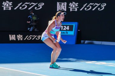 MELBOURNE, AUSTRALIA - 22 Ocak 2019: Melbourne Park 'ta oynanan 2019 Avustralya Açık' ta oynanan çeyrek final karşılaşmasında ABD 'li profesyonel tenisçi Danielle Collins