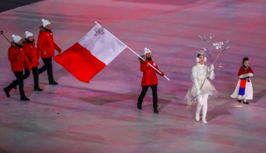 PYEONGCHANG, Güney Kore - 9 Şubat 2018 Olimpiyat takımı Malta, PyeongChang, Güney Kore 'deki Olimpiyat Stadyumu' nda düzenlenen PyeongChang 2018 Olimpiyat açılış törenine katıldı.