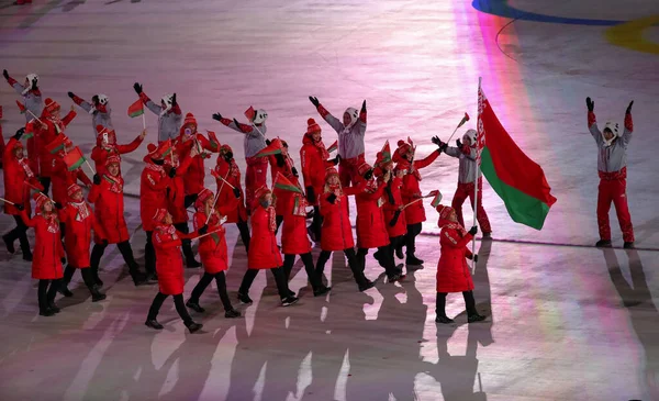Pyeongchang Fevereiro Coreia Sul 2018 Equipe Olímpica Bielorrússia Marchou Para — Fotografia de Stock