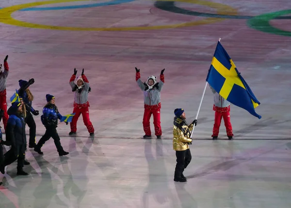 대한민국 2018 스웨덴 경기자 스웨덴의 깃발을 2018 올림픽 개막식에서 올림픽 — 스톡 사진
