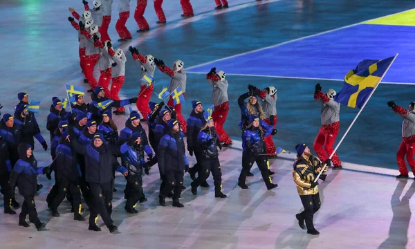 대한민국 2018 스웨덴 경기자 스웨덴의 깃발을 2018 올림픽 개막식에서 올림픽 — 스톡 사진