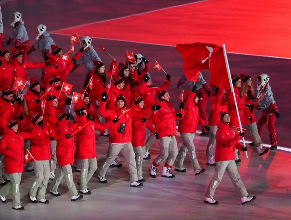 Pyeongchang South Korea 2018年2月9日 瑞士代表队在韩国平昌奥林匹克体育场参加了2018年平昌奥运会开幕式 — 图库照片
