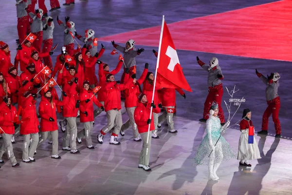 Pyeongchang South Korea 2018年2月9日 瑞士代表队在韩国平昌奥林匹克体育场参加了2018年平昌奥运会开幕式 — 图库照片