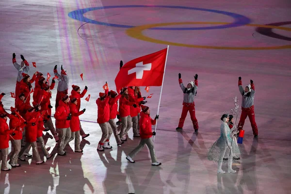 Pyeongchang Jižní Korea February 2018 Olympijský Tým Švýcarsko Vstoupilo Slavnostní — Stock fotografie