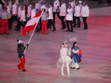 PYEONGCHANG, Güney Kore - 9 Şubat 2018: Avusturya Olimpiyat takımı PyeongChang, Güney Kore 'deki Olimpiyat Stadyumu' nda düzenlenen PyeongChang 2018 Olimpiyat açılış törenine katıldı.