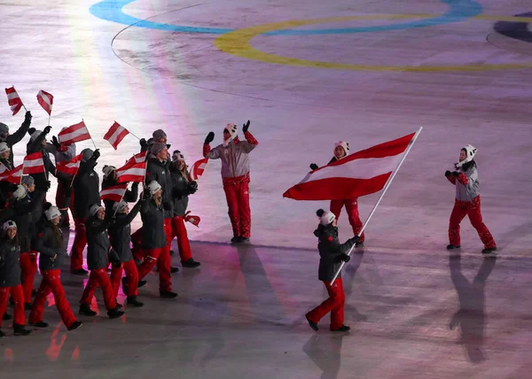 Pyeongchang South Korea 2018 Február Osztrák Olimpiai Csapat Vonult Pyeongchang — Stock Fotó