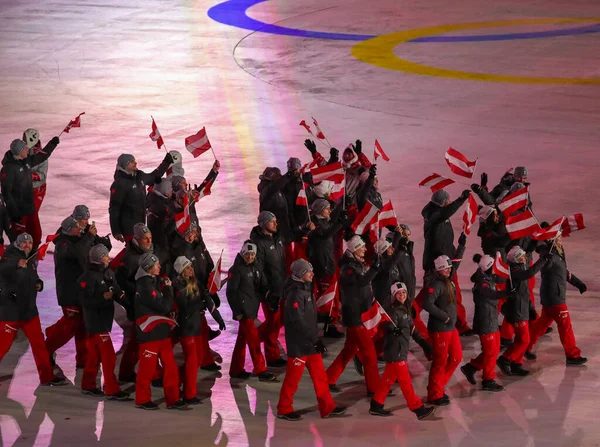 Pyeongchang Jižní Korea February 2018 Rakouský Olympijský Tým Vstoupil Slavnostní — Stock fotografie