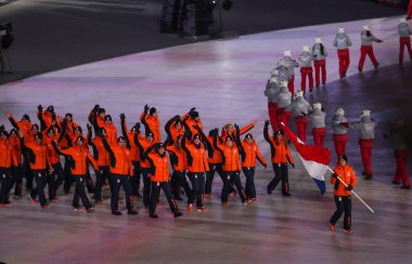 PYEONGCHANG, Güney Kore - 9 Şubat 2018 Hollanda Olimpiyat takımı PyeongChang, Güney Kore 'deki Olimpiyat Stadyumu' nda düzenlenen PyeongChang 2018 Olimpiyat açılış törenine katıldılar.