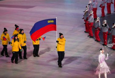 PYEONGCHANG, Güney Kore - 9 Şubat 2018 Olimpiyat takımı Liechtenstein, PyeongChang, Güney Kore 'deki Olimpiyat Stadyumu' nda düzenlenen PyeongChang 2018 Olimpiyat açılış törenine katıldı.