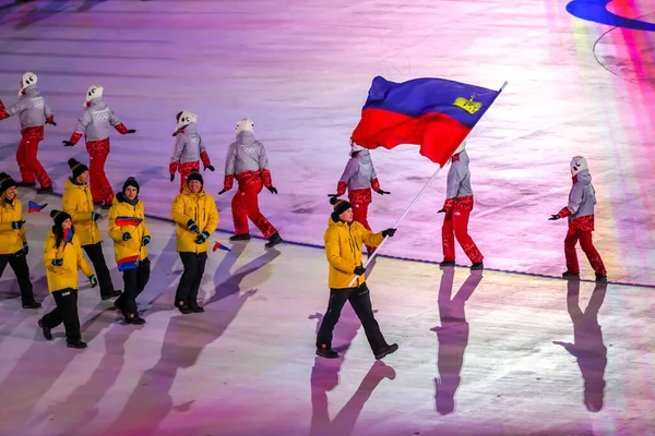 Пеончан Южная Корея Февраля 2018 Олимпийская Сборная Лихтенштейна Вступила Церемонию — стоковое фото