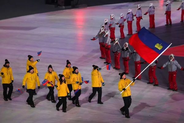 Pyeongchang Νοτια Κορεα Φεβρουαριου 2018 Ολυμπιακή Ομάδα Του Λιχτενστάιν Μετέβη — Φωτογραφία Αρχείου