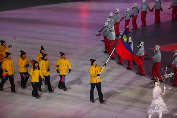 Пеончан Южная Корея Февраля 2018 Олимпийская Сборная Лихтенштейна Вступила Церемонию — стоковое фото