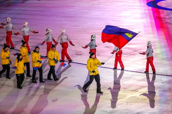 Pyeongchang South Korea February 2018 Tim Olimpiade Liechtenstein Berbaris Upacara — Stok Foto