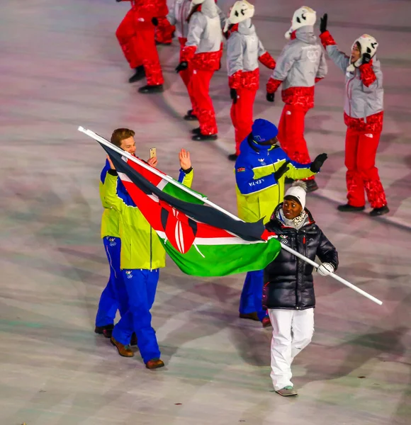 Pyeongchang South Korea Luty 2018 Drużyna Olimpijska Kenia Maszerowała Ceremonię — Zdjęcie stockowe