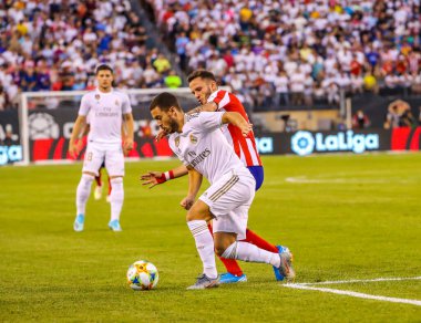 Doğu RUTHERFORD, NJ - 26 Temmuz 2019: MetLife Stadyumu 'nda oynanan 2019 Uluslararası Şampiyonlar Kupası' nda Atletico de Madrid ile oynanan maçta Real Madrid 'in 50. Real Madrid 3-7 yenildi