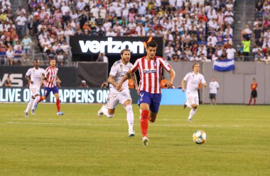 Doğu RUTHERFORD, NJ - 26 Temmuz 2019: Atletico de Madrid 'den Alvaro Morata MetLife Stadyumu' nda oynanan 2019 Uluslararası Şampiyonlar Kupası 'nda Real Madrid' e karşı oynanan maçta. Real Madrid 3-7 yenildi