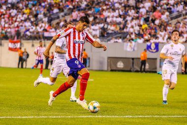 Doğu RUTHERFORD, NJ - 26 Temmuz 2019: Atletico de Madrid 'den Alvaro Morata MetLife Stadyumu' nda oynanan 2019 Uluslararası Şampiyonlar Kupası 'nda Real Madrid' e karşı oynanan maçta. Real Madrid 3-7 yenildi
