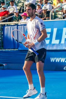 DELRAY BEACH, FLORIDA - 18 Şubat 2022: Büyük Britanya 'dan profesyonel tenisçi Cameron Norrie Florida' da düzenlenen 2022 Delray Beach Open turnuvasında oynadığı çeyrek final maçında