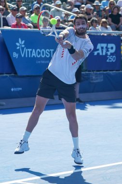 DELRAY BEACH, FLORIDA - 18 Şubat 2022: Büyük Britanya 'dan profesyonel tenisçi Cameron Norrie Florida' da düzenlenen 2022 Delray Beach Open turnuvasında oynadığı çeyrek final maçında