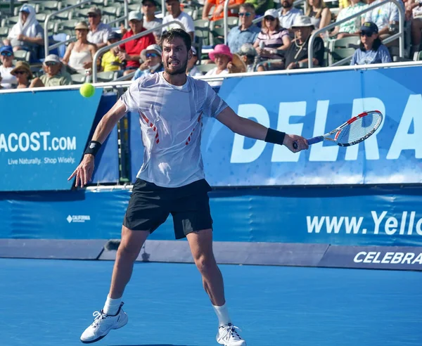 Delray Beach Florida 2022年2月18日 英国职业网球选手Cameron Norrie在2022年佛罗里达Delray海滩公开赛四分之一决赛中的行动 — 图库照片