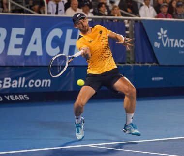 DELRAY BEACH, FLORIDA - 19 Şubat 2022: Florida 'da düzenlenen 2022 Delray Beach Open turnuvasında Avustralyalı profesyonel tenisçi John Millman