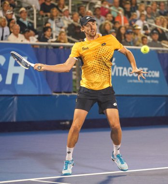 DELRAY BEACH, FLORIDA - 19 Şubat 2022: Florida 'da düzenlenen 2022 Delray Beach Open turnuvasında Avustralyalı profesyonel tenisçi John Millman