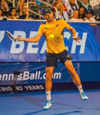 DELRAY BEACH, FLORIDA - 19 Şubat 2022: Florida 'da düzenlenen 2022 Delray Beach Open turnuvasında Avustralyalı profesyonel tenisçi John Millman