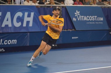 DELRAY BEACH, FLORIDA - 19 Şubat 2022: Florida 'da düzenlenen 2022 Delray Beach Open turnuvasında Avustralyalı profesyonel tenisçi John Millman