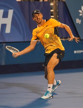 DELRAY BEACH, FLORIDA - 19 Şubat 2022: Florida 'da düzenlenen 2022 Delray Beach Open turnuvasında Avustralyalı profesyonel tenisçi John Millman